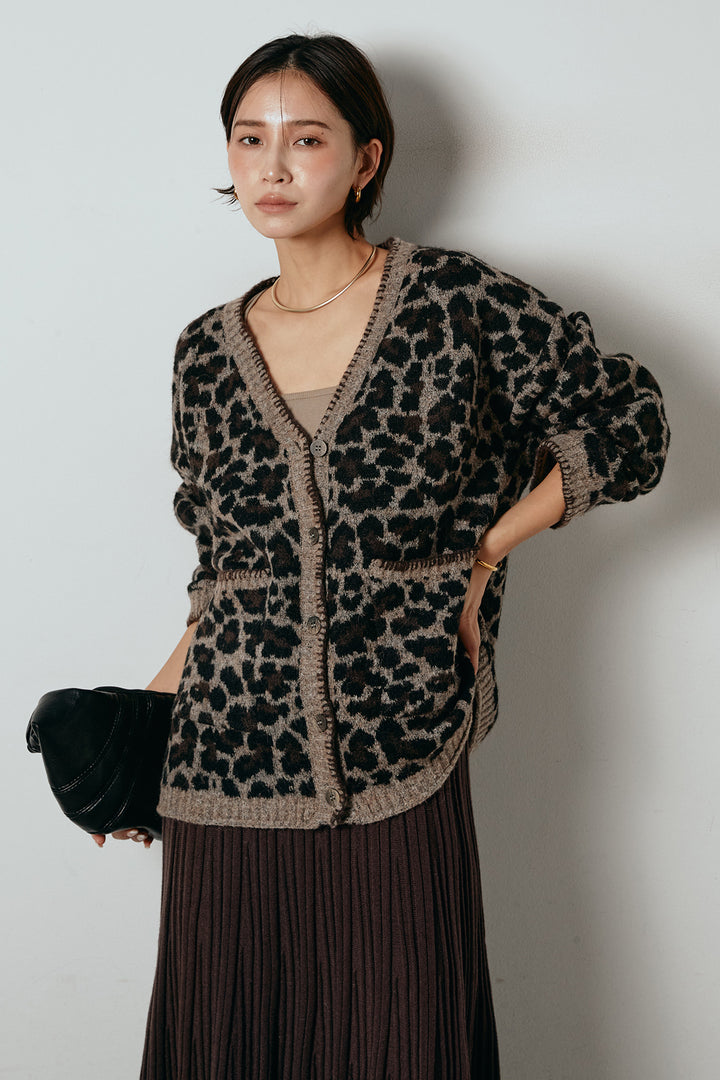 [SET]ステッチデザインレオパードニットカーディガン+リブニットフレアスカート(2set)