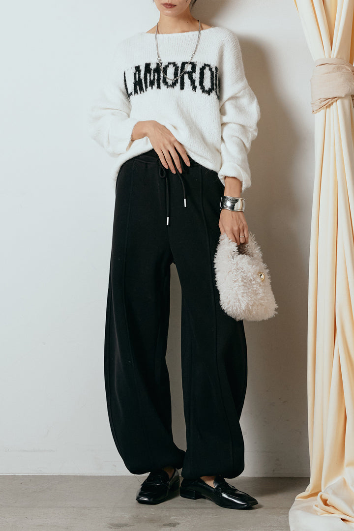 [SET]フロントロゴデザインニットトップス+スウェットワイドカーブパンツ(2set)