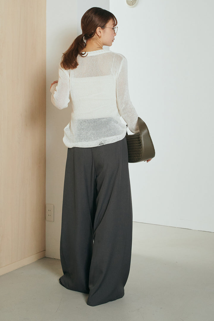 [SET]ヘンリーネックダメージニットプルオーバー+ビックベルトループタックベルト付きワイドパンツ(2set)