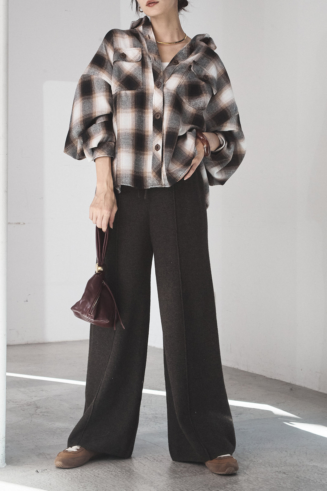 [SET]オンブレーチェックビッグシルエットCPOシャツ+センターラインニットパンツ(2set)