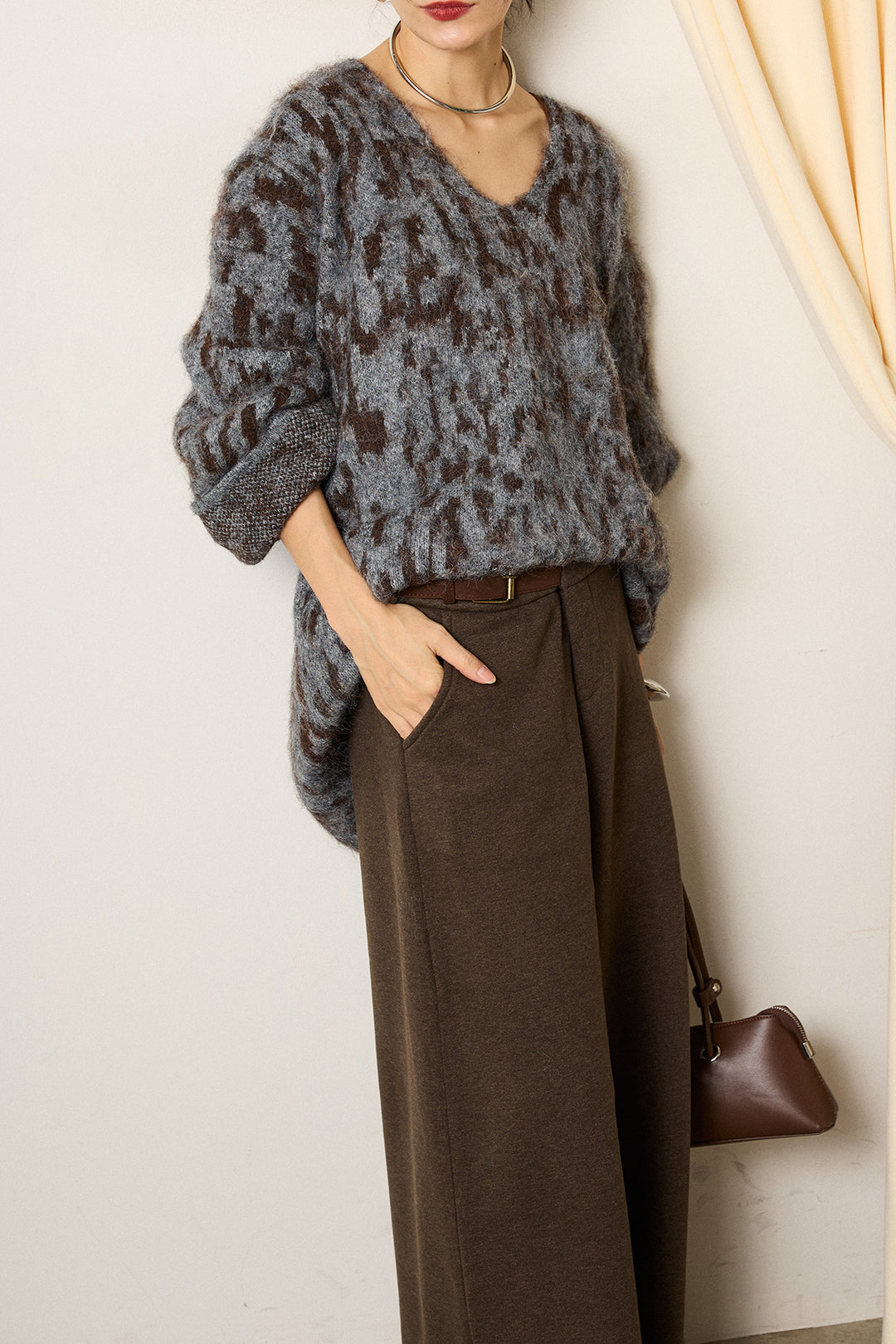 [SET]フラッフィーレオパードシャギーニット+サイドベルトパンツ(2set)