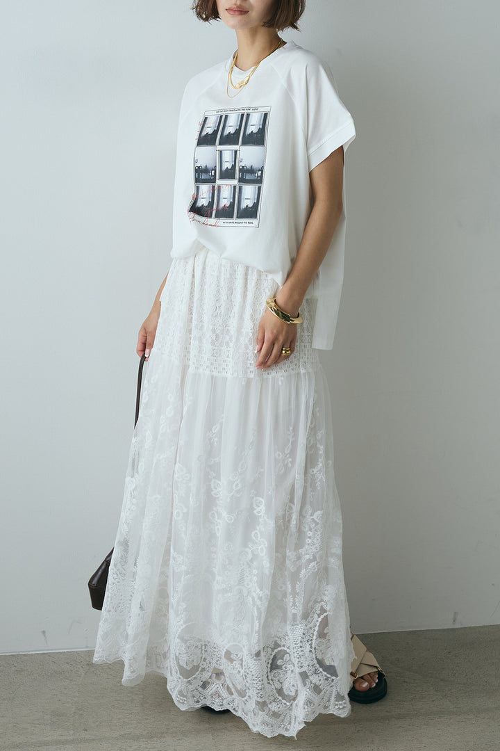 [SET]フォトプリントラグランTシャツ+ミックスレース刺繍スカート(2set)