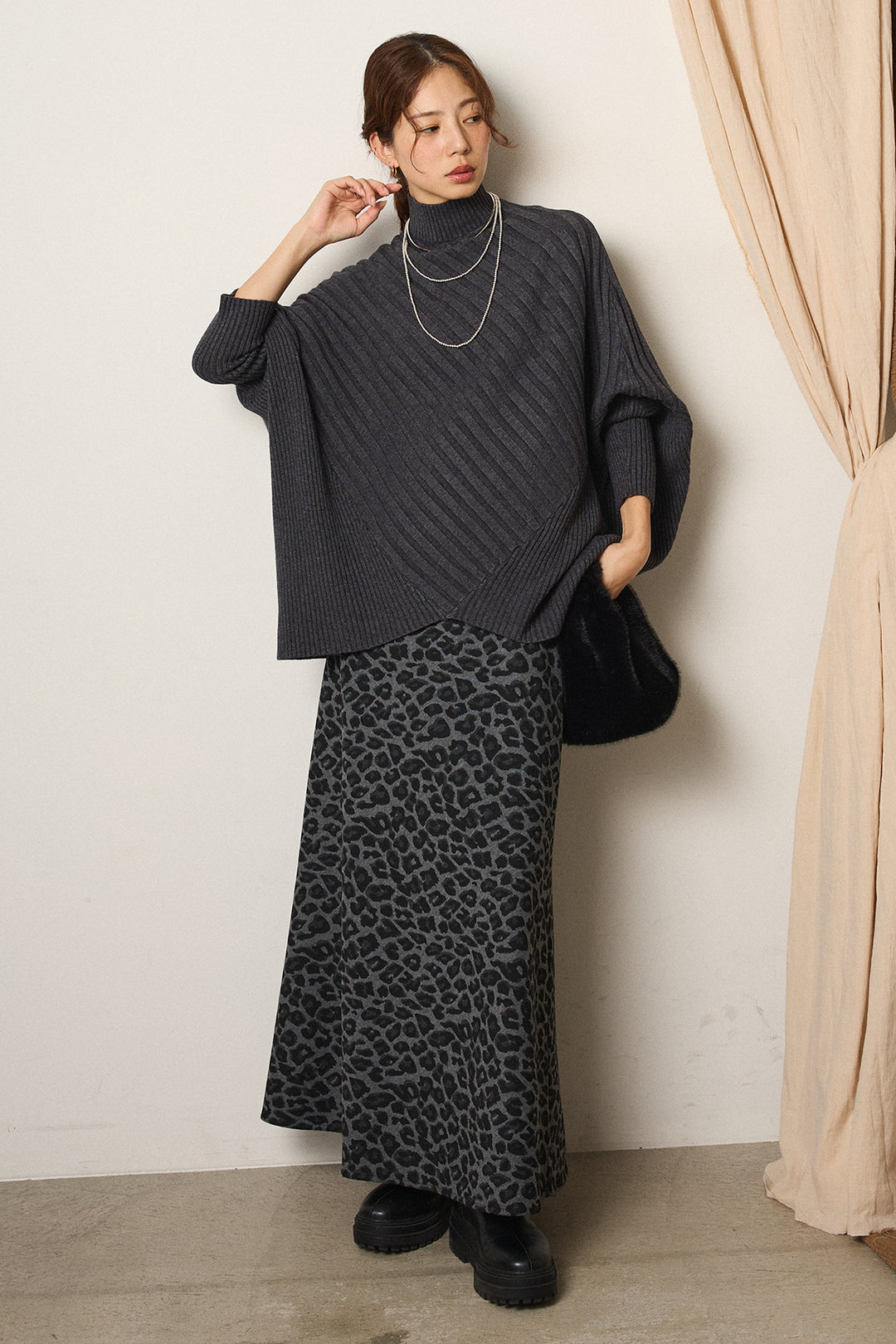 [SET]アシメデザインリブポンチョニットトップス+レオパードロングスカート(2set)