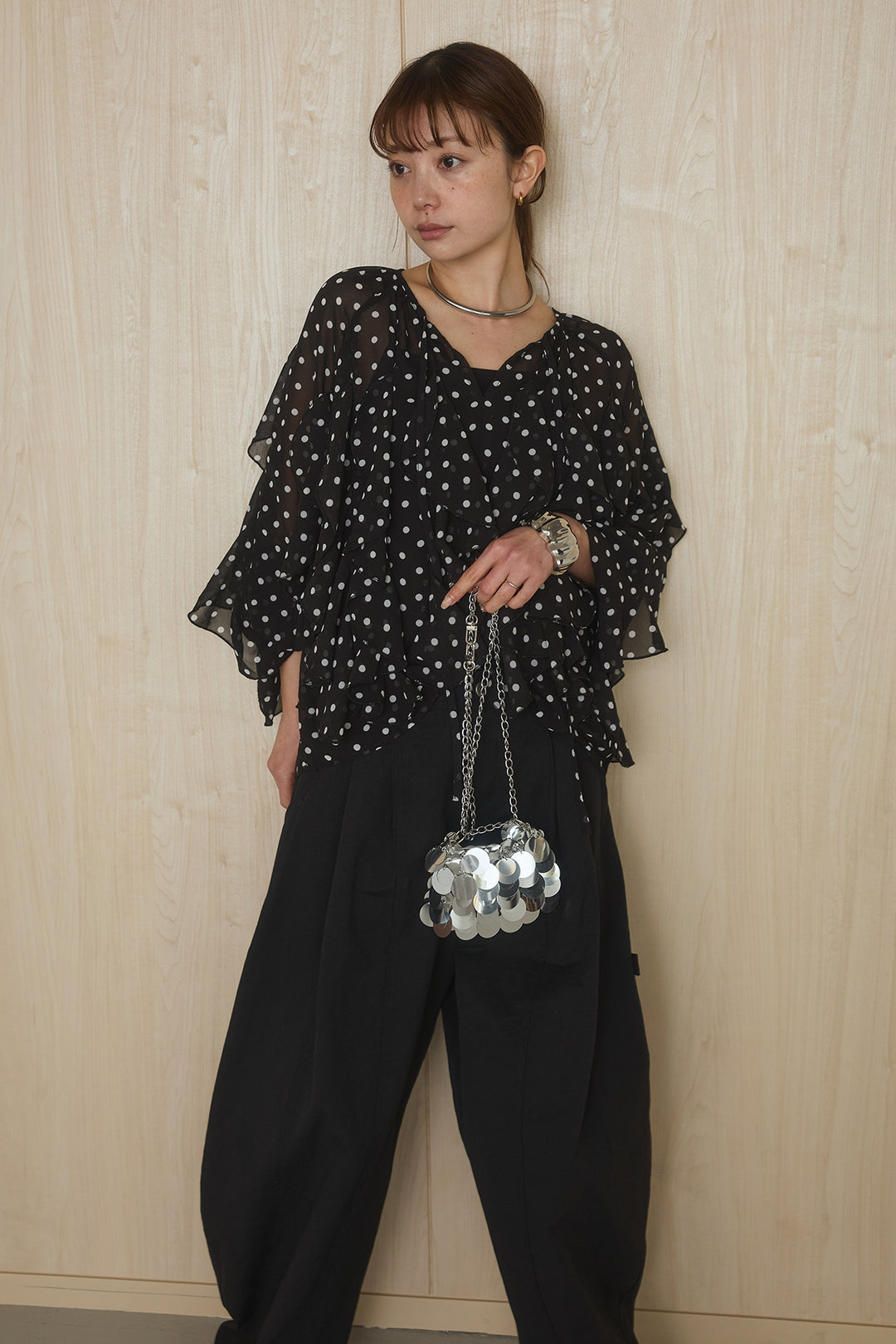 [SET]ドットフリル長袖ブラウス+コットンポリツータックセンターシームカーブパンツ(2set)