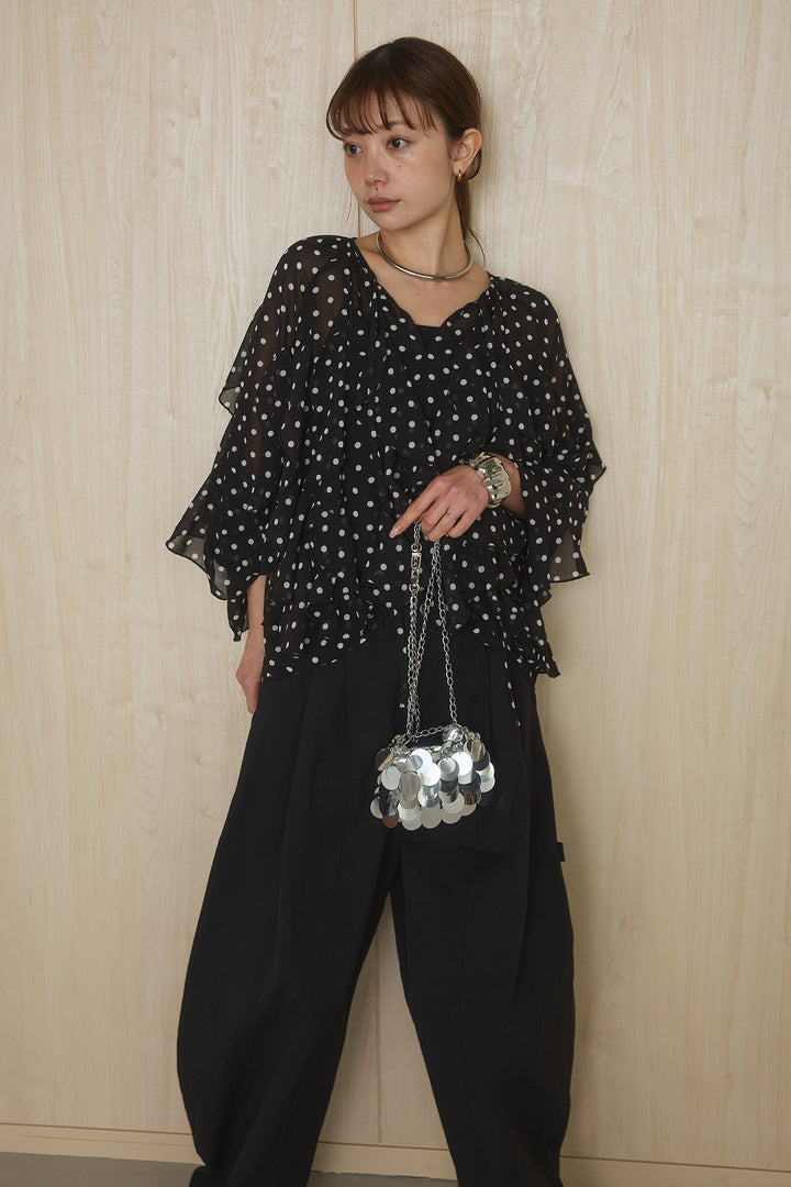 [SET]ドットフリル長袖ブラウス+コットンポリツータックセンターシームカーブパンツ(2set)