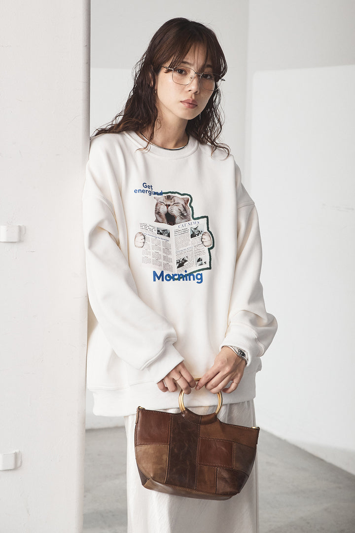 [SET]裏起毛モーニングキャットプリントスウェット+裾レースデザインサテンスカート(2set)