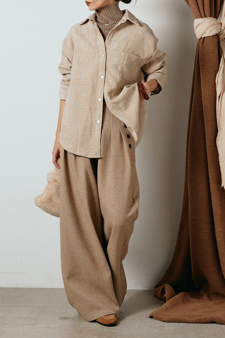 [SET]ルーズクラッシュツイルシャツ+リブニットシームレスタートルプルオーバー+サイドボタンツイードタックパンツ(3set)