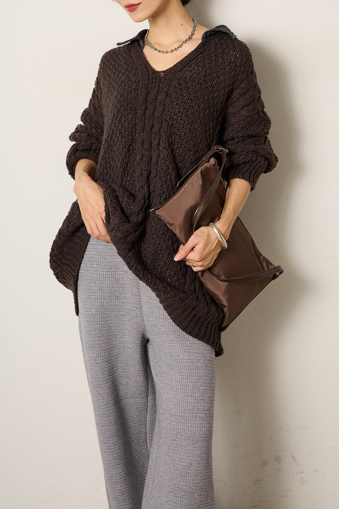 [SET]デニムカラーケーブルオーバーニット+ワイドリブニットイージーパンツ(2set)