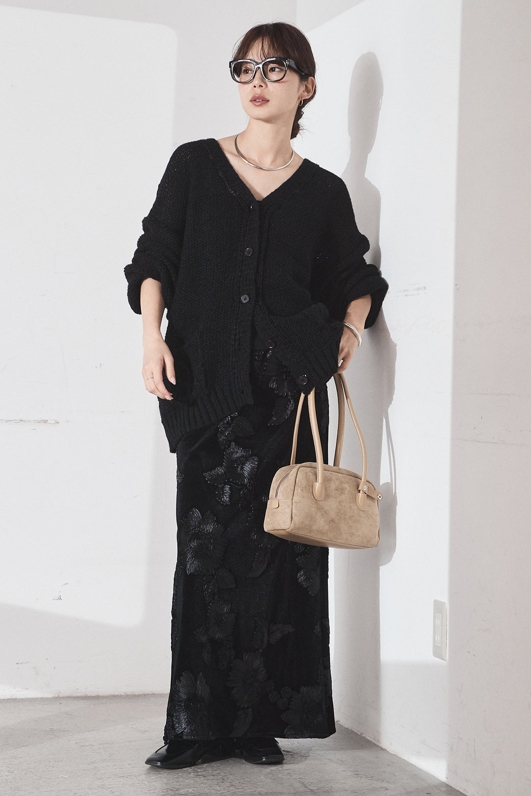 [SET]コード刺繍リラックスニットカーディガン+フラワー刺繍ワイドスカート(2set)