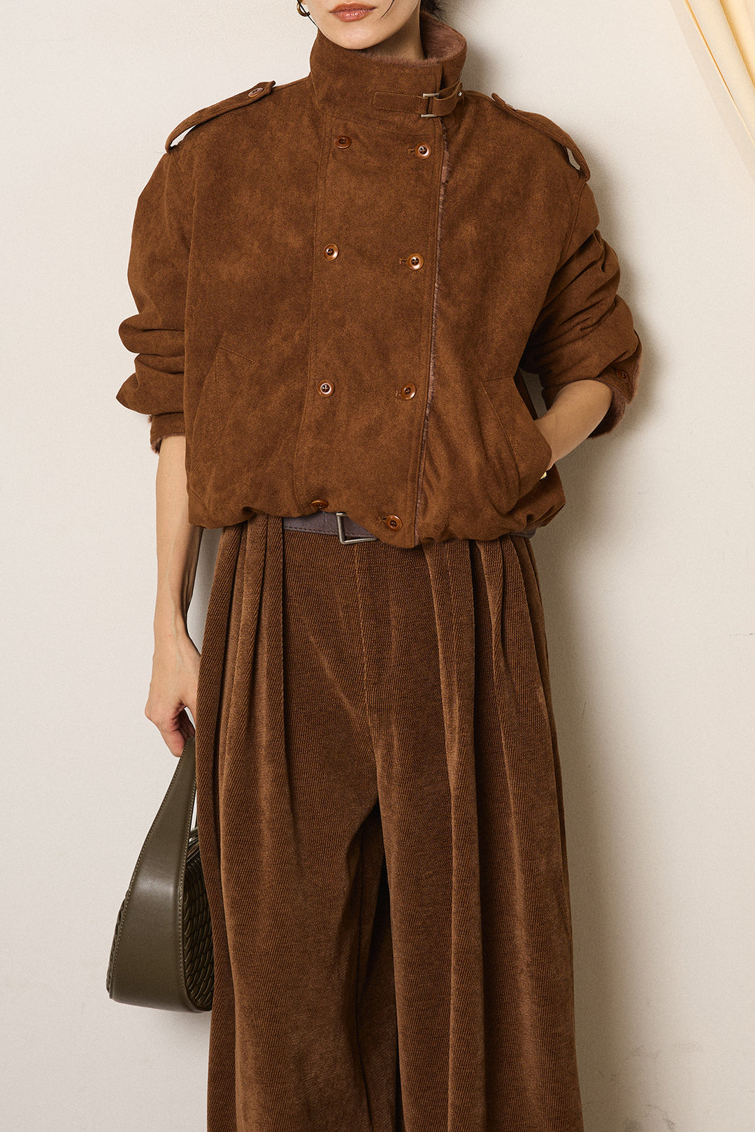 [SET]スタンド襟スウェードライクアウター+ベルトループコーデュロイワイドパンツ(2set)