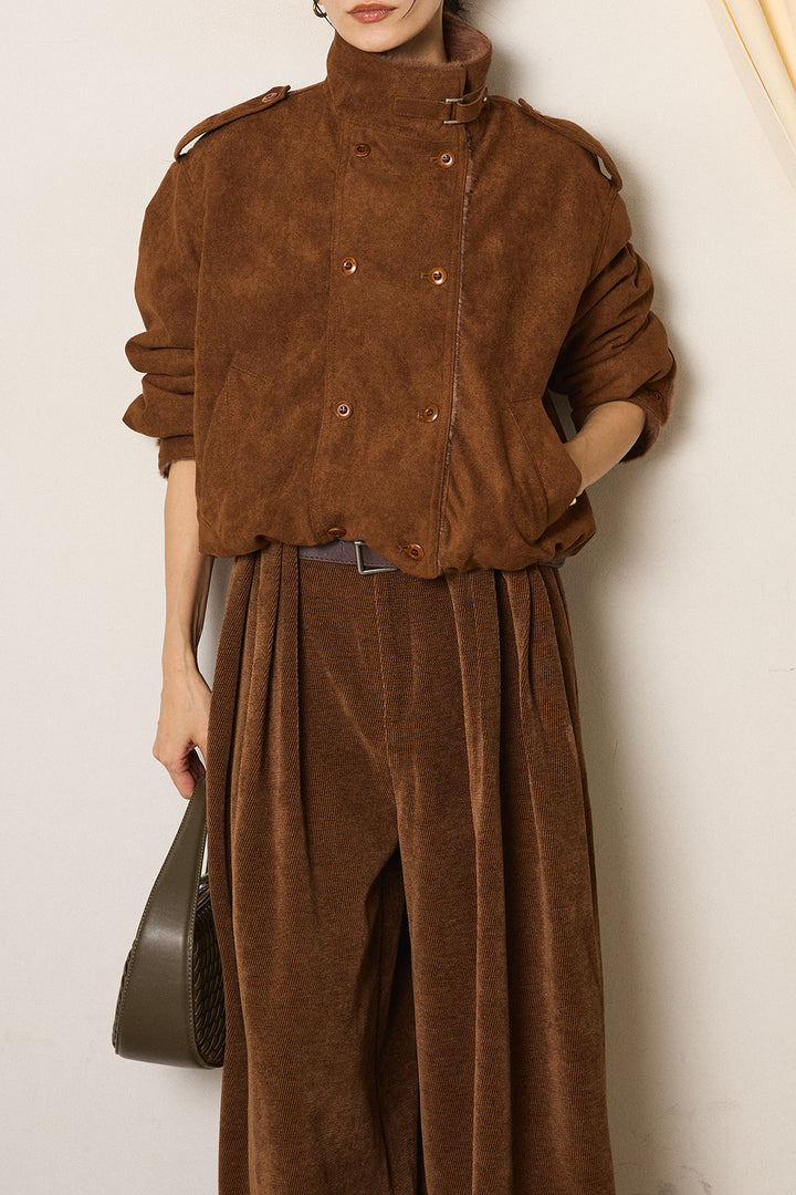 [SET]スタンド襟スウェードライクアウター+ベルトループコーデュロイワイドパンツ(2set)