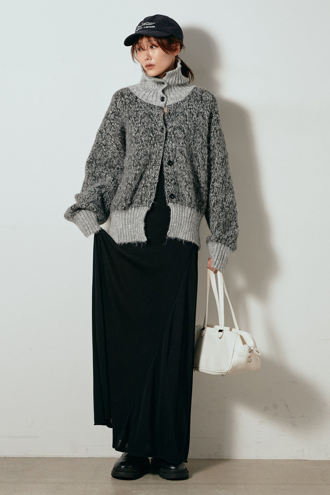 [SET]ハイネックミックスニットトップス+サイド切り替えリブニットロングスカート(2set)