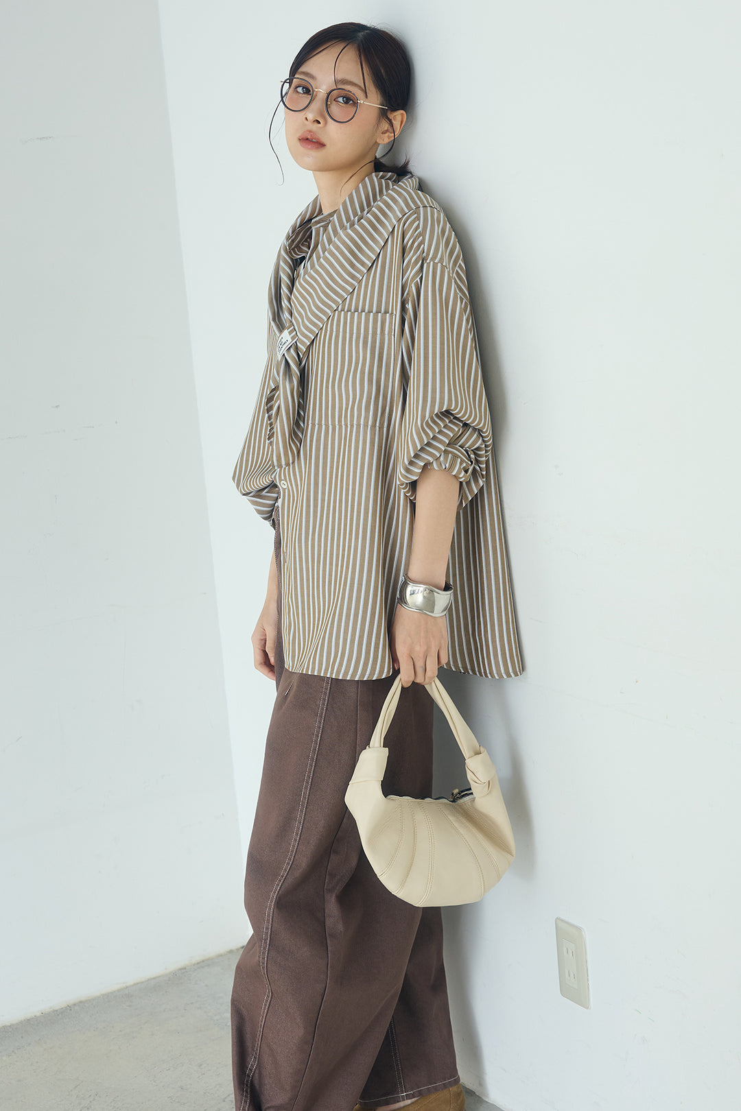 [SET]レーヨンストライプスカーフ+レーヨンストライプバンドカラー長袖シャツ(2set)