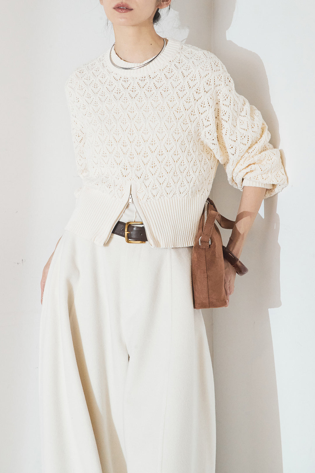 [SET]透かし編みニットジップスリットプルオーバー+ウールタッチカーブワイドパンツ(2set)