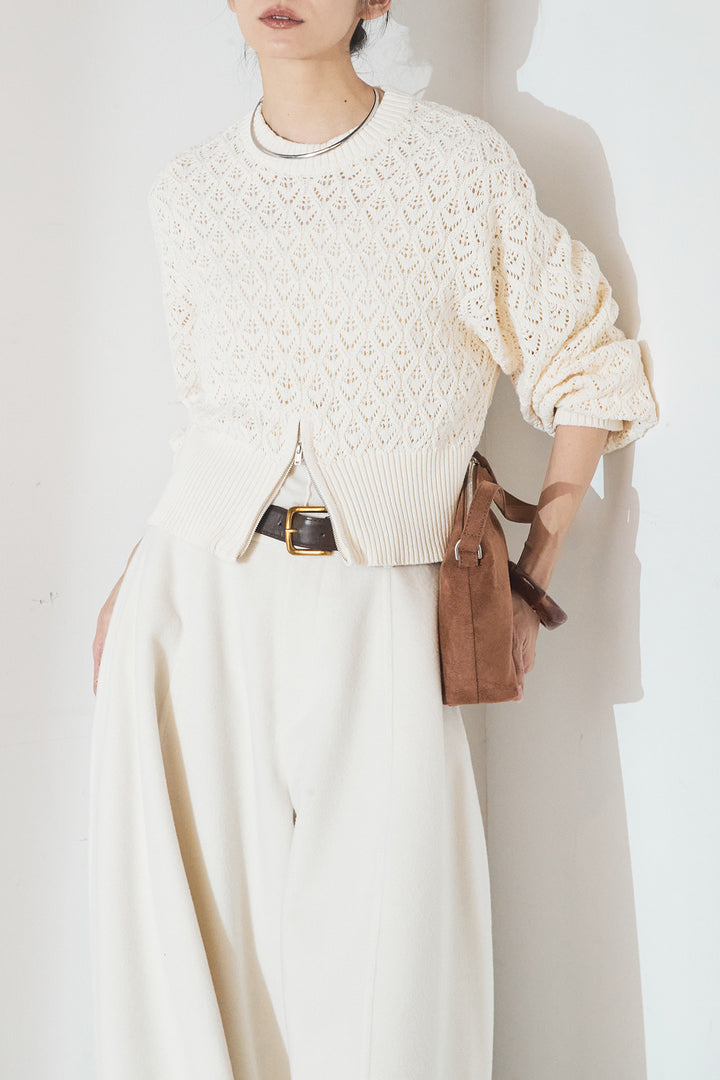 [SET]透かし編みニットジップスリットプルオーバー+ウールタッチカーブワイドパンツ(2set)