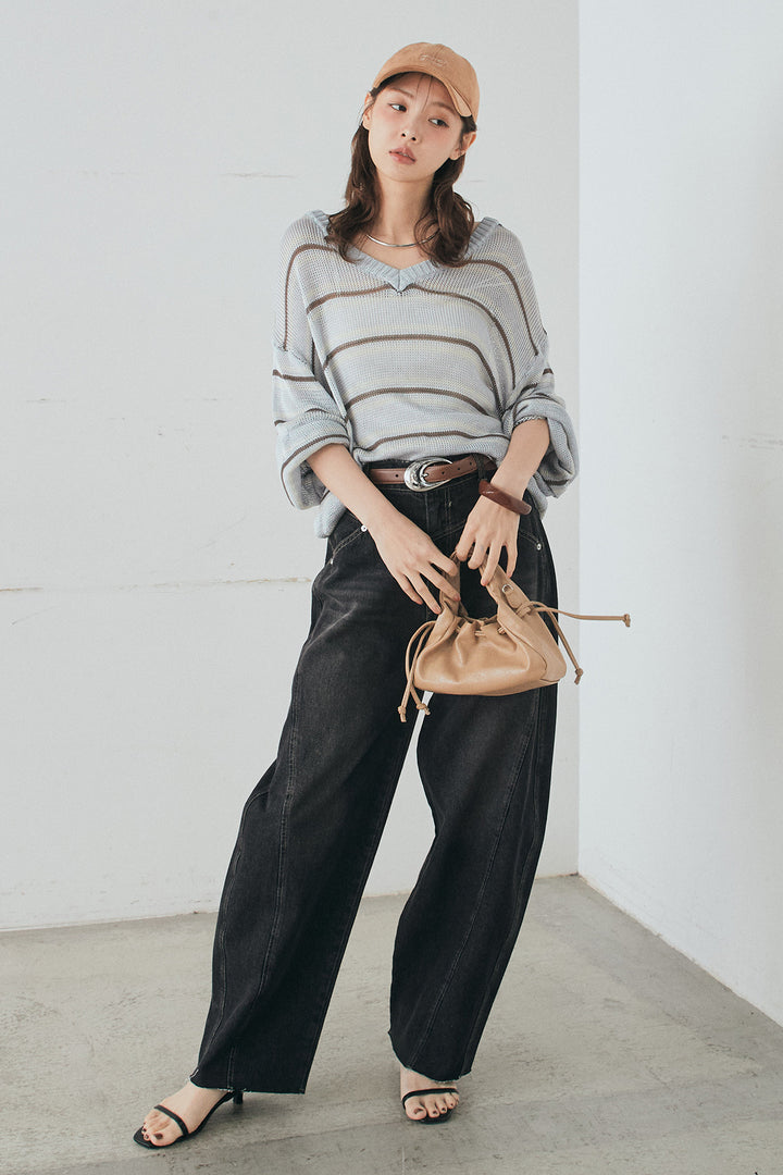 [SET]綿タッチVネックボーダートップス+デニムヨークパンツ(2set)