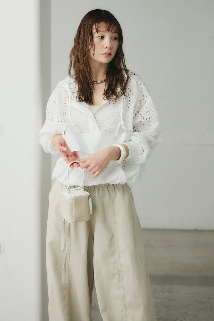 [SET]レースハーフジップアップフーディー+フェイクレザーカーブワイドパンツ(2set)