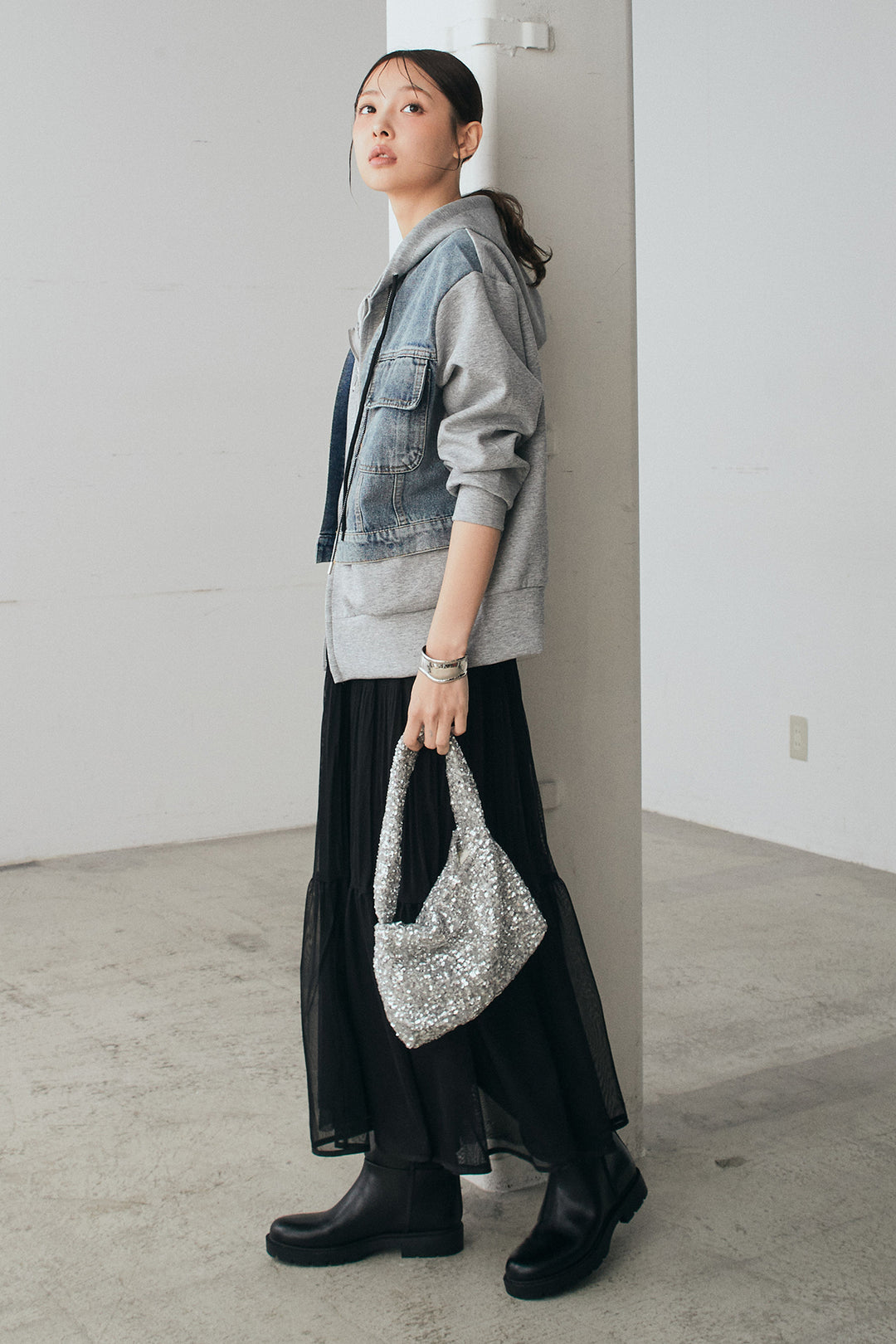 [SET]デニム切替ポンチダブルジップパーカー+ボリュームシルエットチュールスカート(2set)