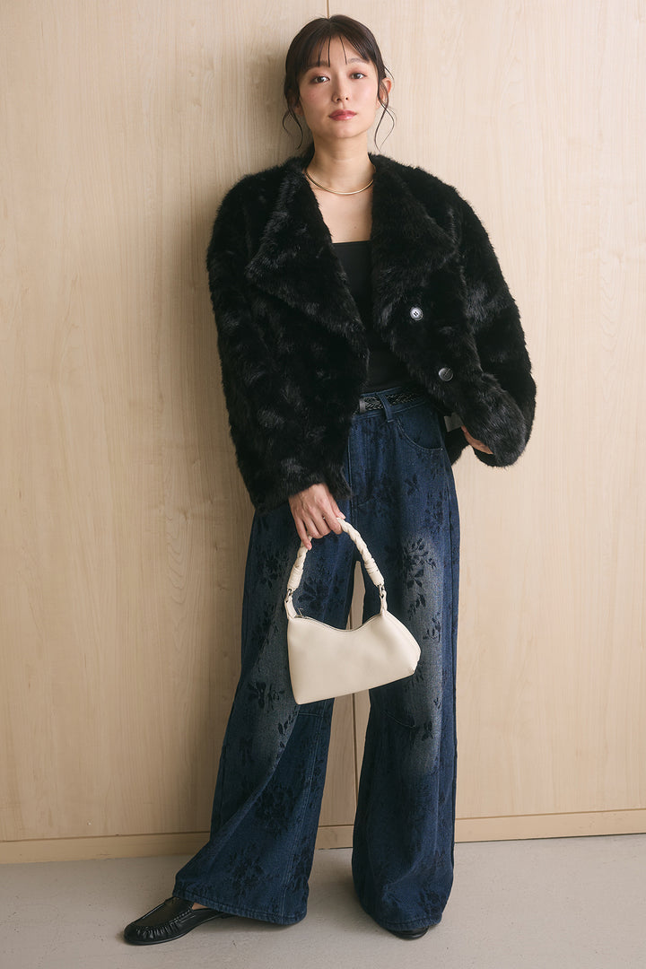 ノーカラーエコファーショートコート