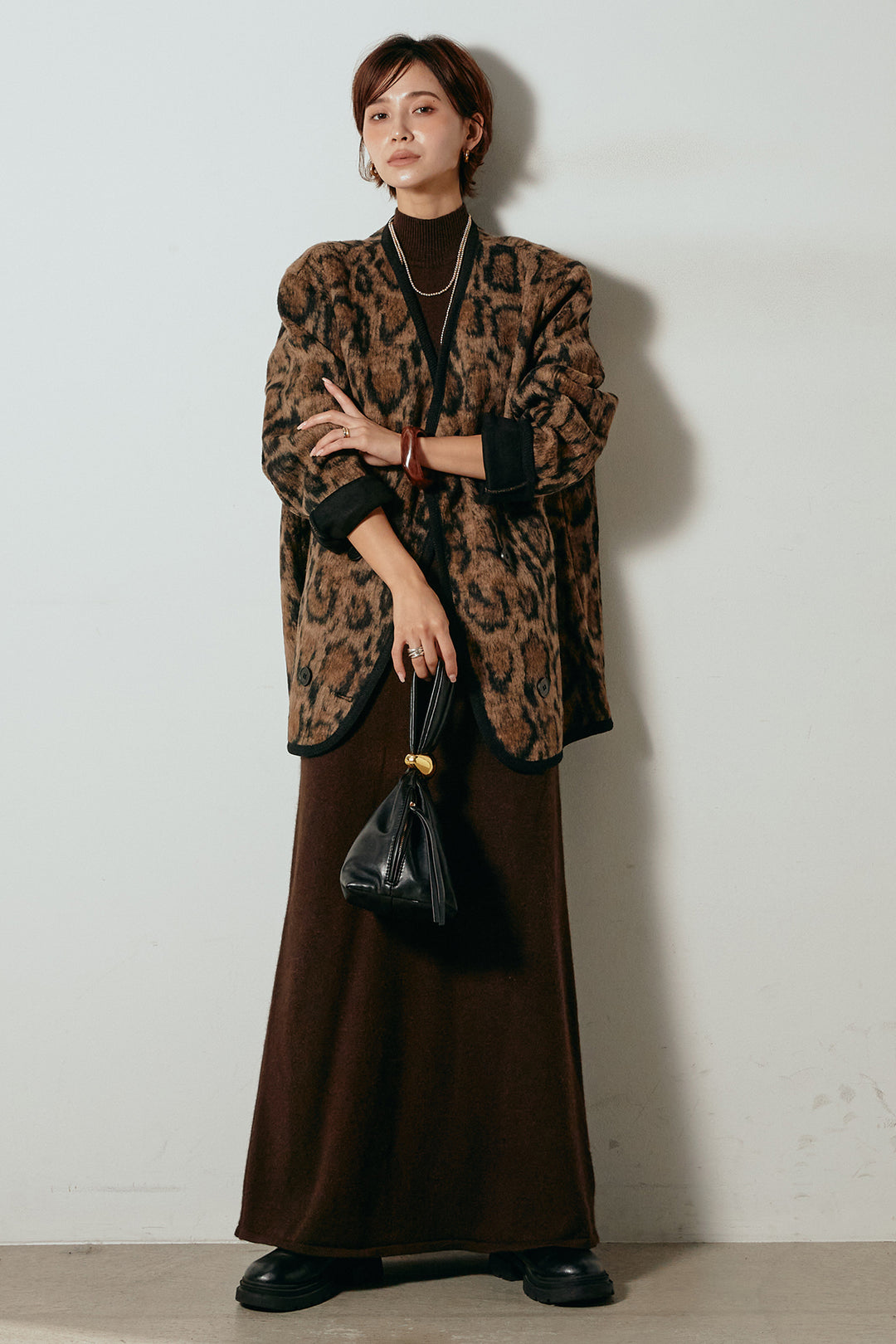 [SET]ノーカラーレオパード柄アウター+ノースリーブニットロングワンピース(2set)