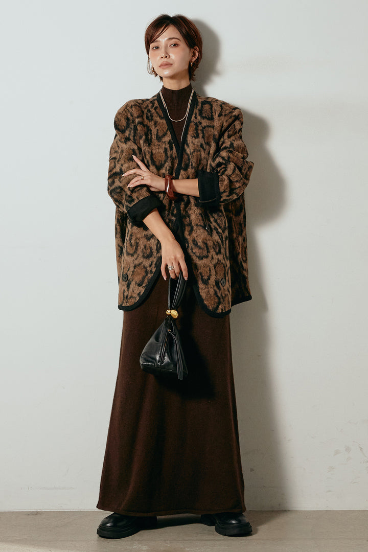 [SET]ノーカラーレオパード柄アウター+ノースリーブニットロングワンピース(2set)