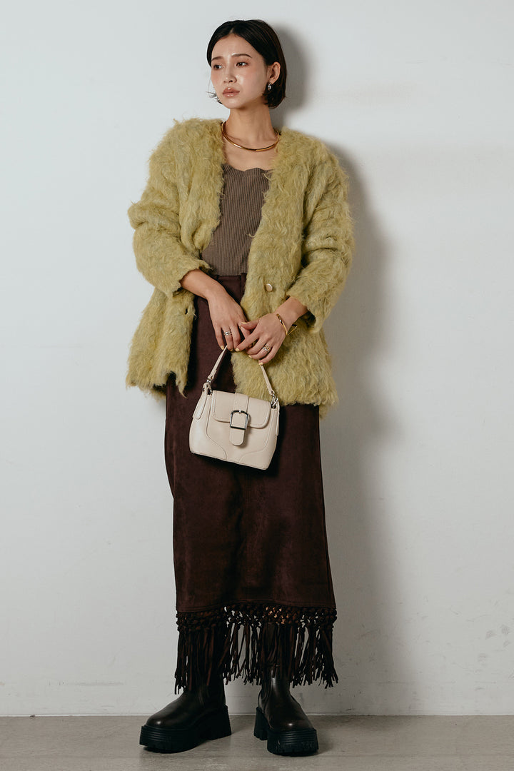 [SET]ウェーブシャギーニットジャケット+スウェードライク裾フリンジスカート(2set)