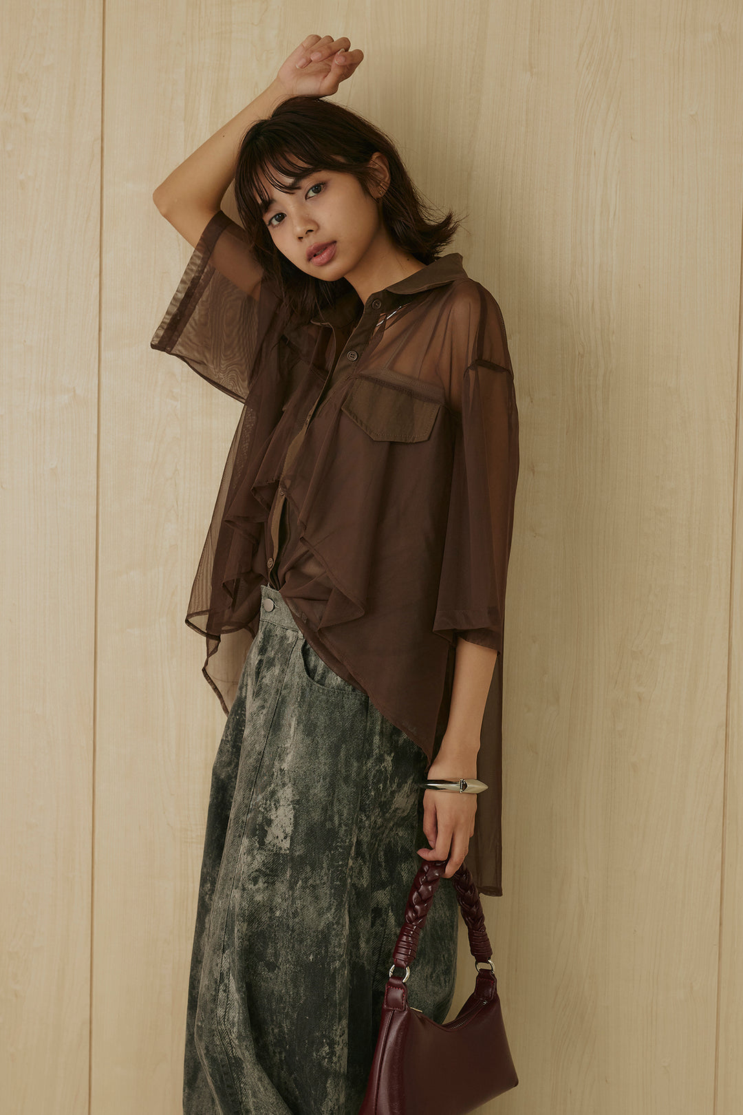[SET]バックロングシアーシャツ+ニュアンスダイボリュームパンツ(2set)