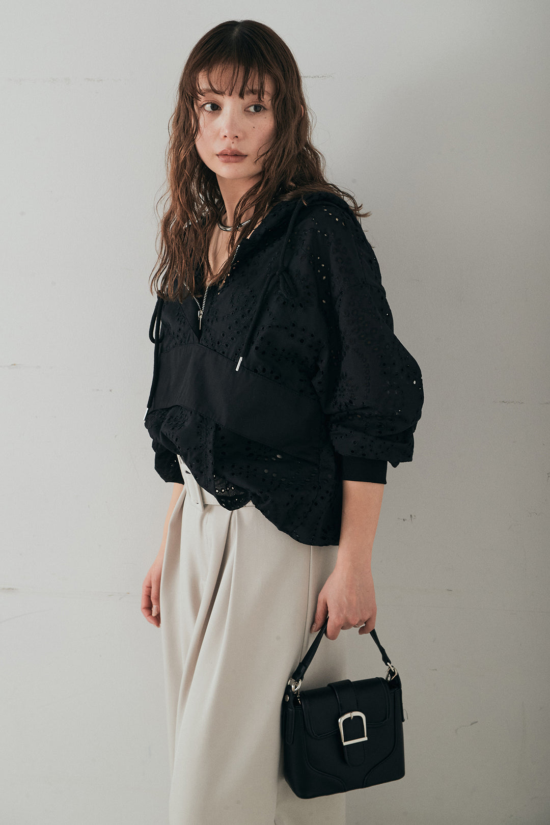 [SET]レースハーフジップアップフーディー+ベルト付きツータックワイドパンツ(2set)