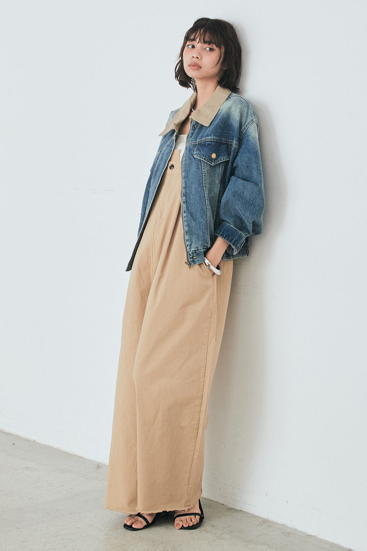 [SET]襟切り替えジップデニムジャケット+綿ツイルアシメサロペット(2set)
