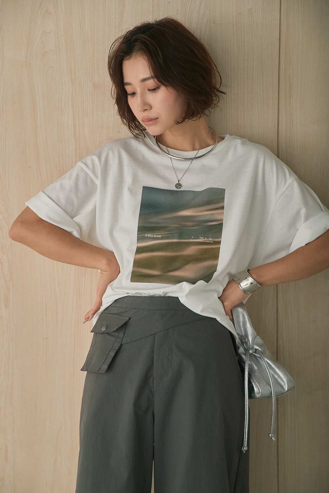 [SET]MarbleプリントTシャツ+ポケットベルト付きニーサイドタックパンツ(2set)