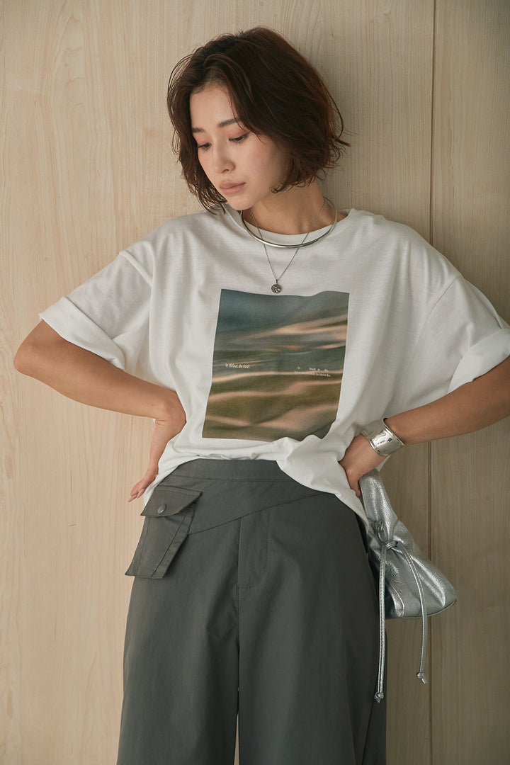 [SET]MarbleプリントTシャツ+ポケットベルト付きニーサイドタックパンツ(2set)