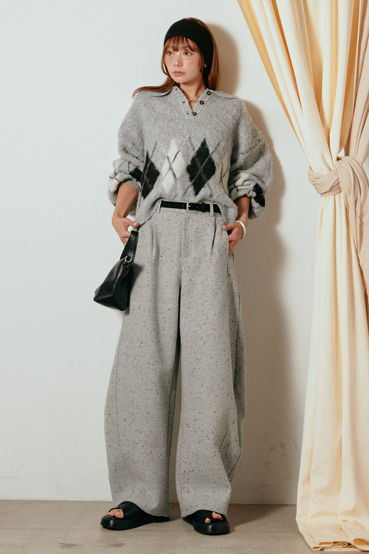 [SET]アーガイル柄ポロニットトップス+ベルト付きネップツイードカーブパンツ(2set)