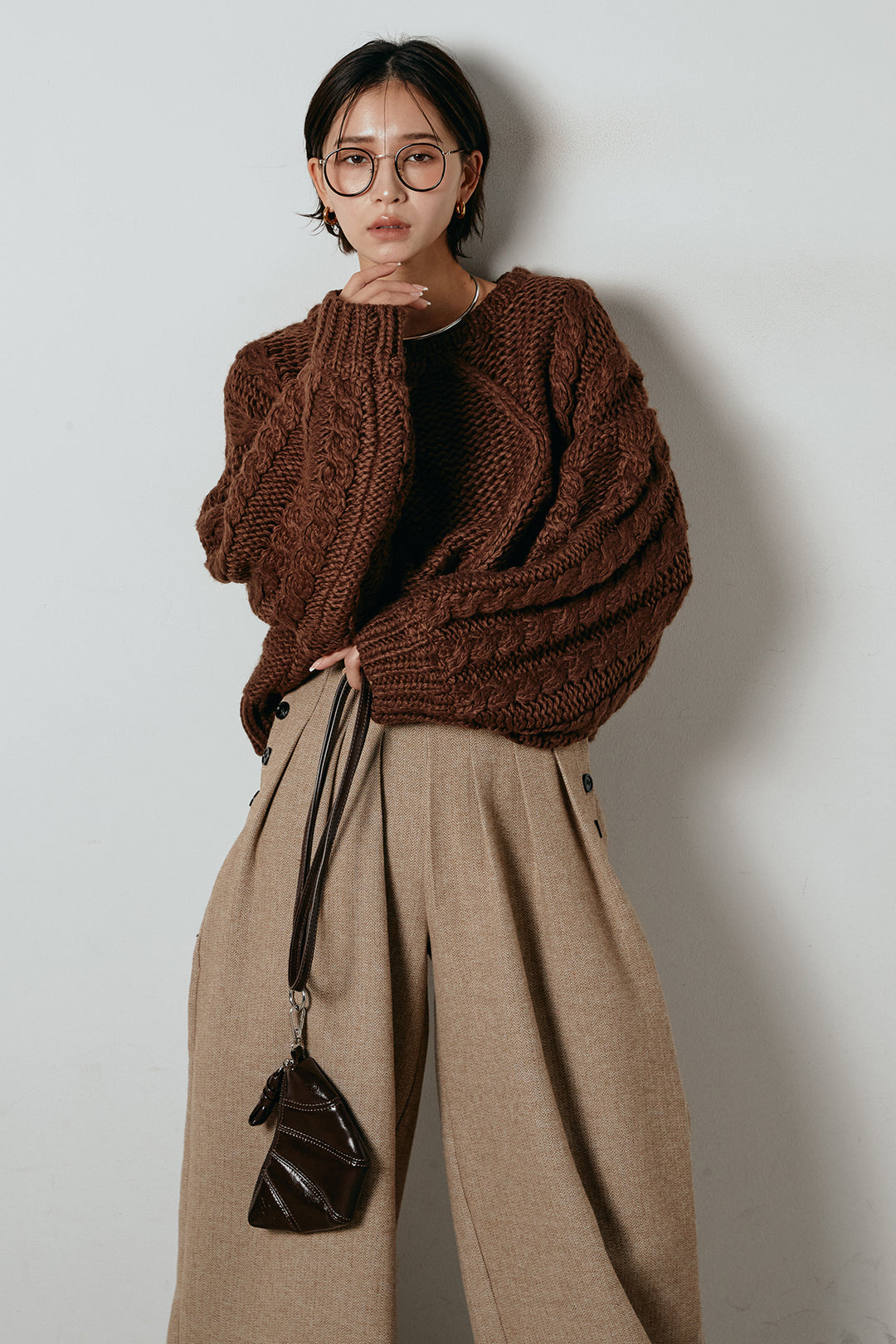 [SET]ロービングケーブルショート丈プルオーバー+サイドボタンツイードタックパンツ(2set)