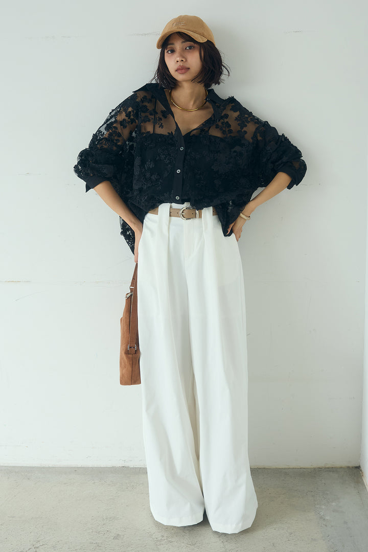 [SET]立体フラワー刺繍レースシャツ+ベルトループデザインハイウエストタックパンツ(2set)