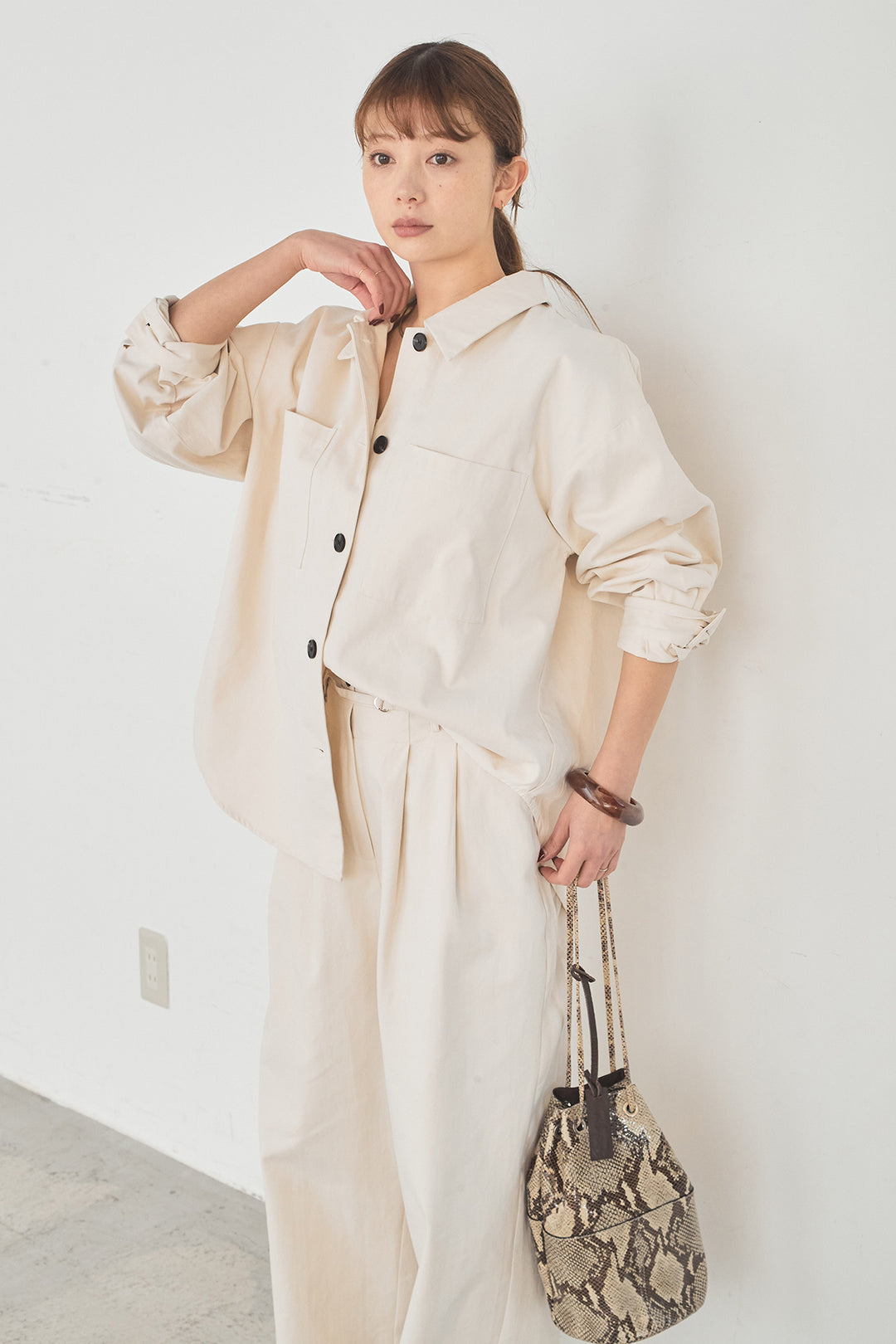 [SET]ツイルシャツジャケット+ツイルハイウエストタックパンツ(2set)