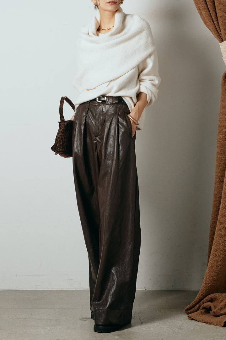 [SET]ネック巻きデザインニットトップス+ベルト付きレザーライクタックパンツ(2set)