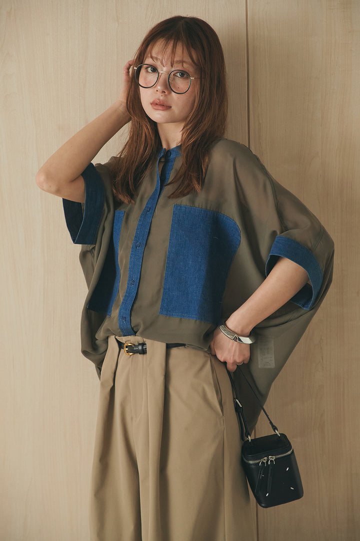 [SET]デニムライクビッグツーポケシアーシャツ+ベルトループデザインハイウエストタックパンツ(2set)