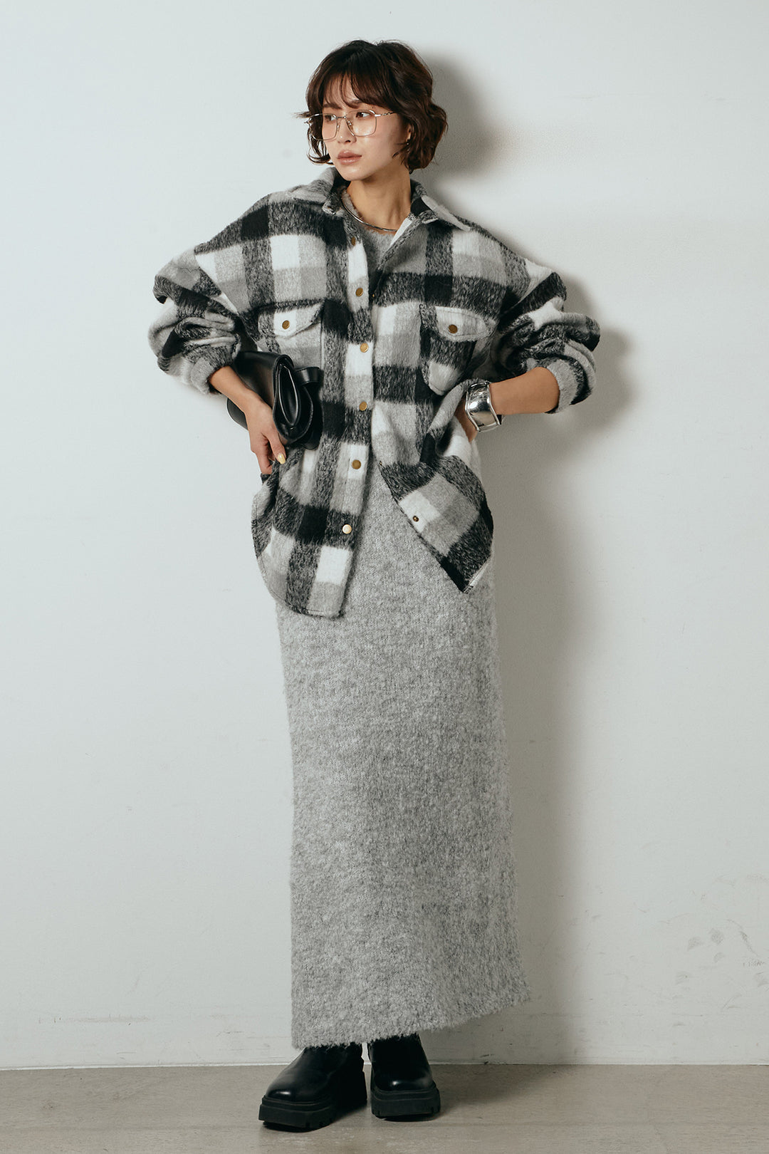 [SET]起毛チェック柄ポケットアウター+起毛ノースリーブニットロングワンピース(2set)