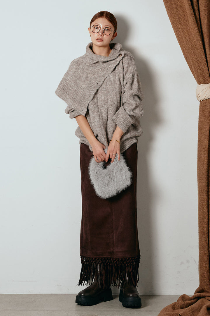 [SET]ケープデザインケーブルニットトップス+スウェードライク裾フリンジスカート(2set)