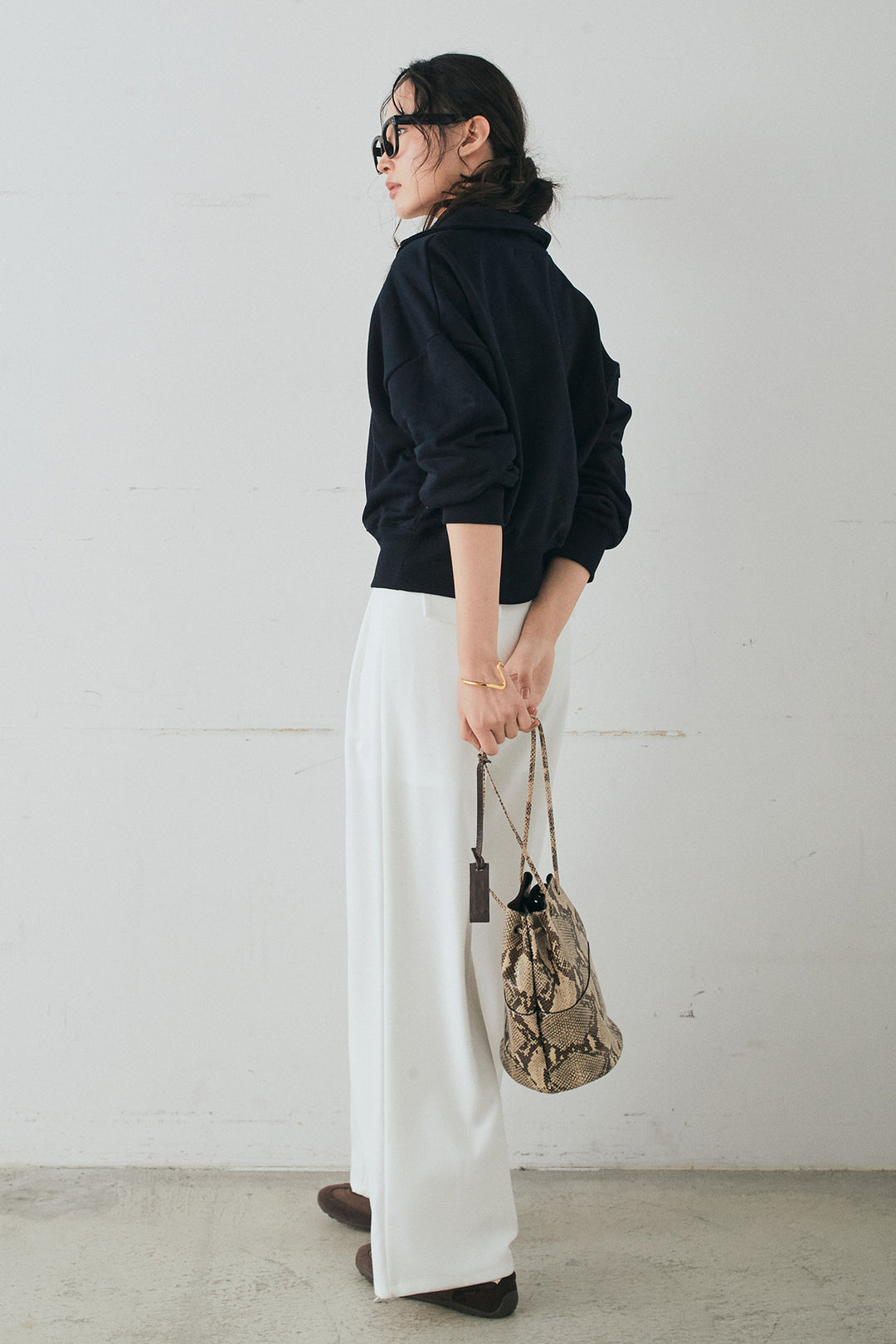 [SET]裏毛ロゴ刺繍ハーフZIPスウェット+斜めボタンタック入りスラックス(2set)