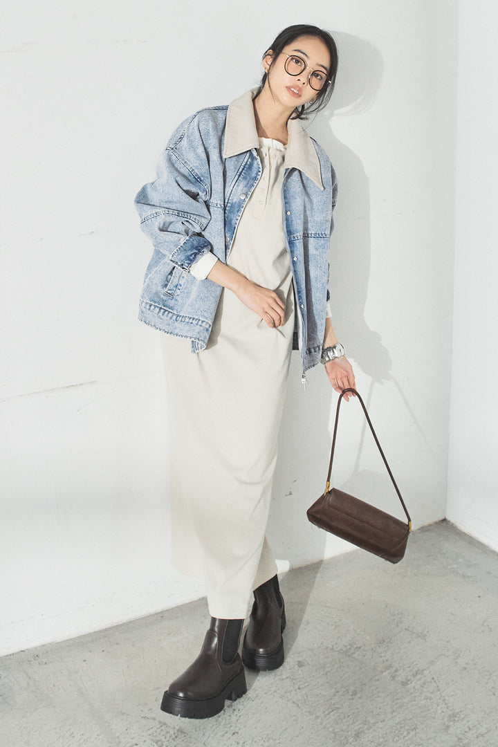 [SET]加工デニムレザー襟付きデニムブルゾン+カットリブレイヤードヘンリーネックワンピース(2set)