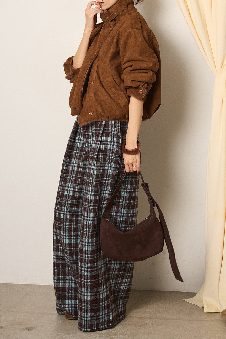 [SET]スタンド襟スウェードライクアウター+スタッズデザインベルトタータンチェックパンツ(2set)