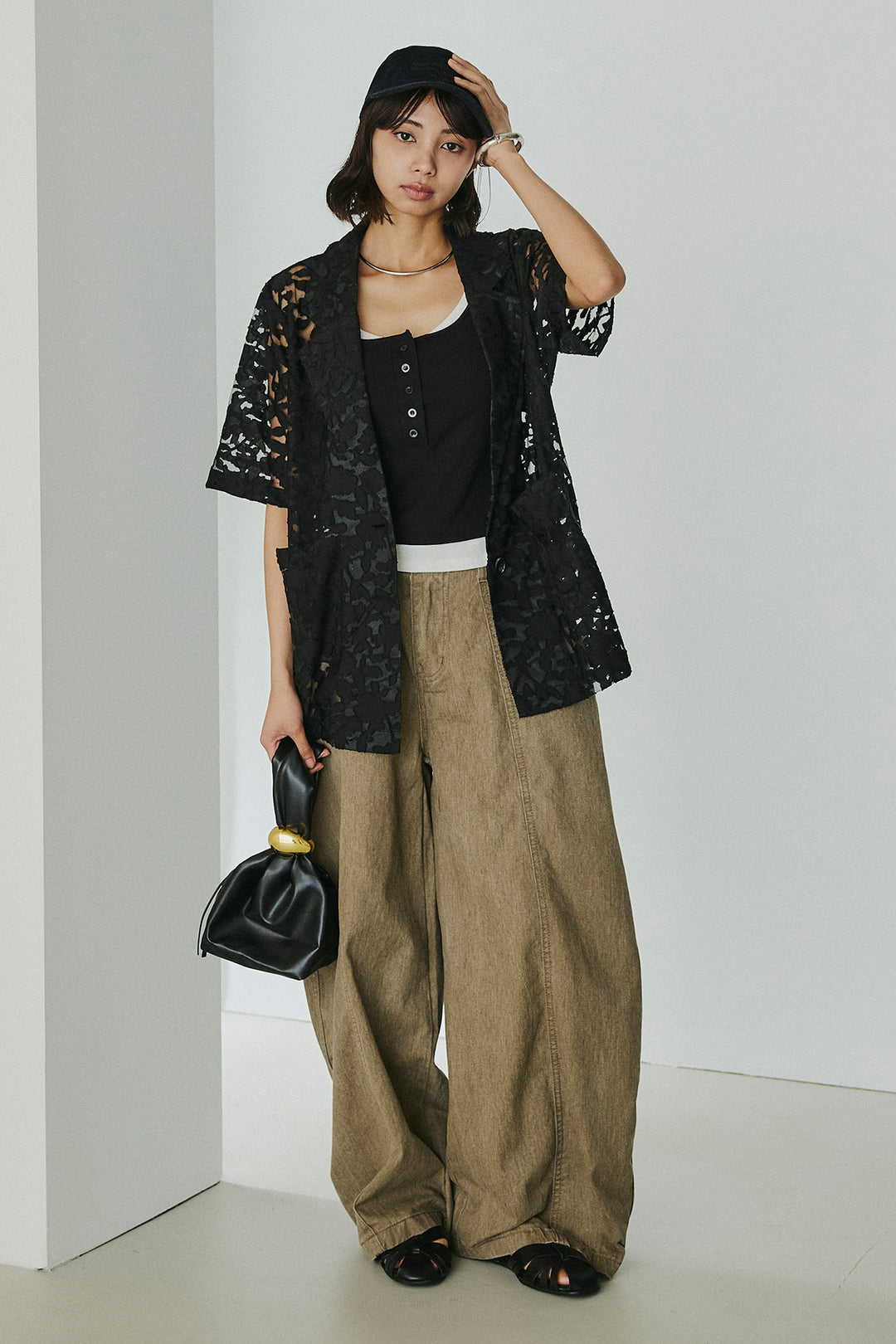 [SET]シアージャガードハーフスリーブテーラードジャケット+サイドベルトカーブワイドパンツ+配色ヘンリーネックタンクトップ(3set)