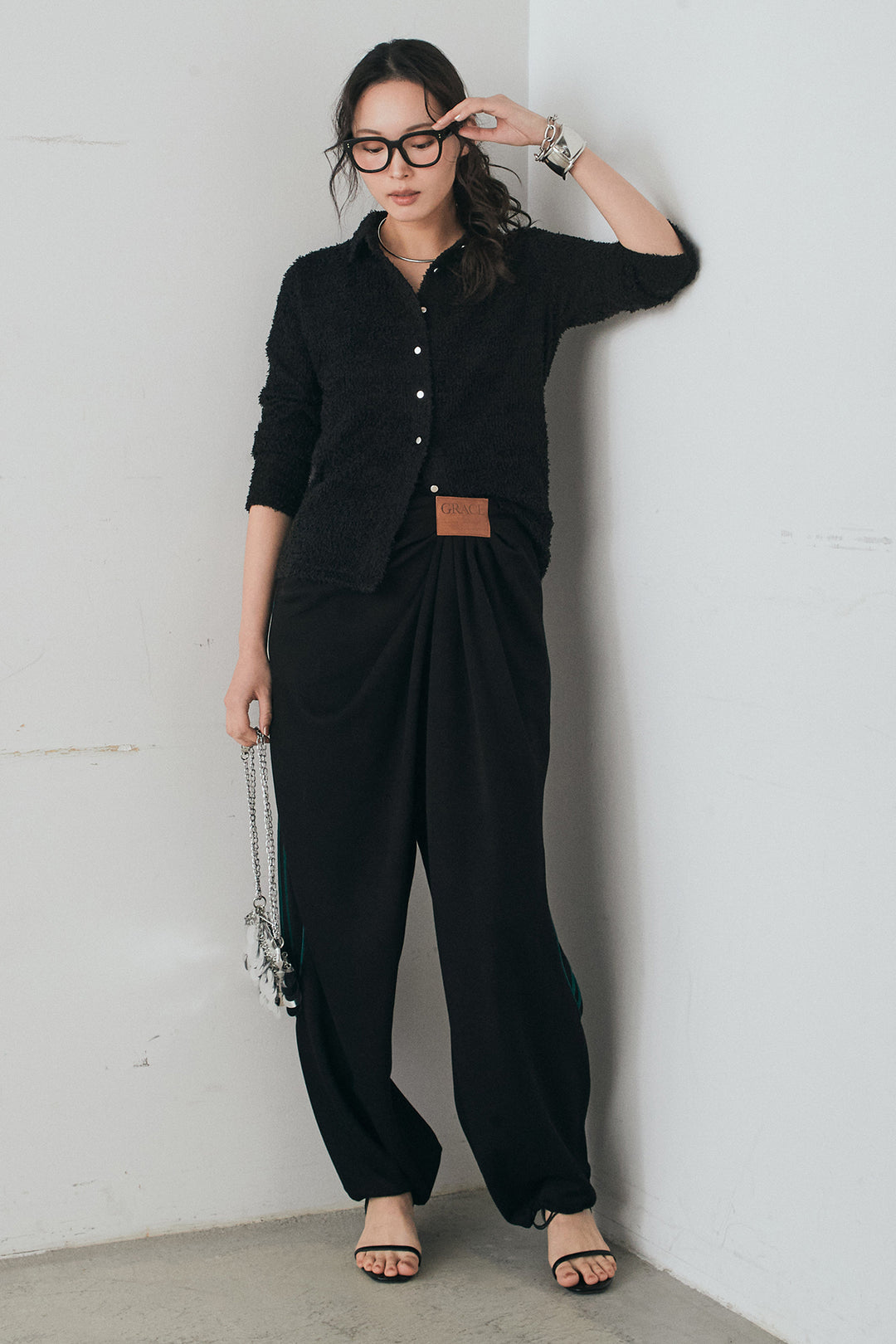 [SET]カールヤーンシャツ+ライトダンボールウェーブラインドレープパンツ(2set)