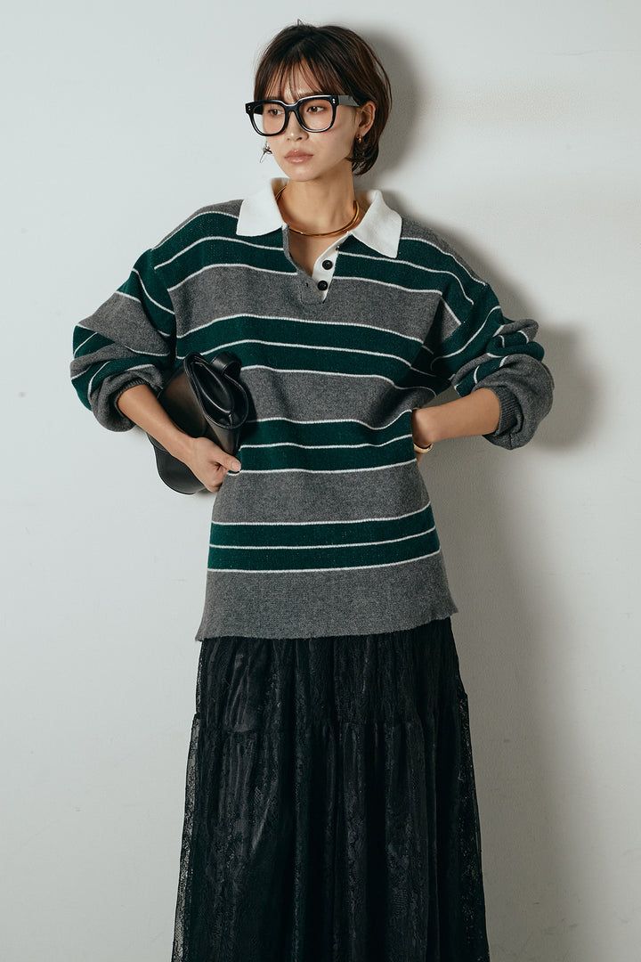 [SET]ラガーニットボーダーポロプルオーバー+ひげレース切替ロング丈スカート(2set)