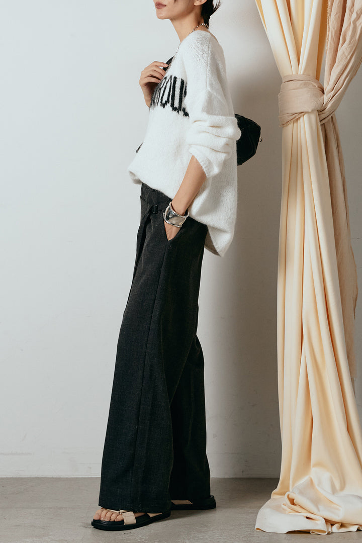 [SET]フロントロゴデザインニットトップス+ラップ巻きワイドスラックス(2set)