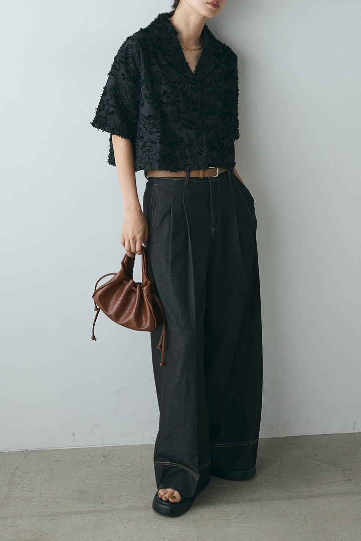 [SET]半袖オープンカラージャガード柄シャツ+ステッチデザインベルトワイドパンツ(2set)