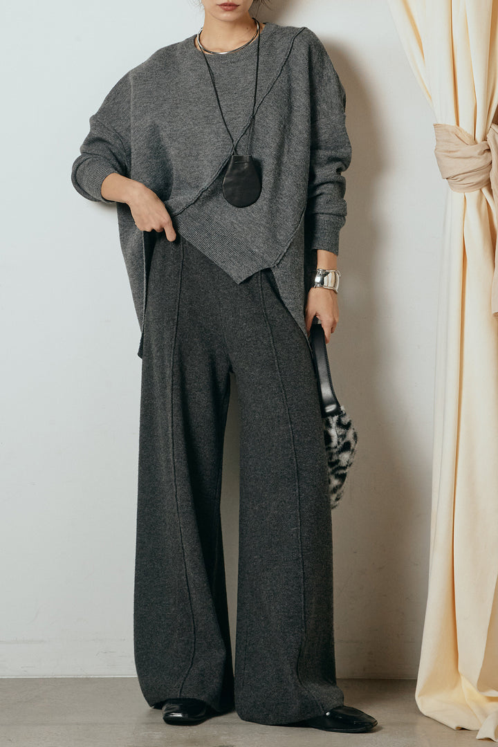 [SET]アシンメトリーデザインニットトップス+センターラインニットパンツ(2set)