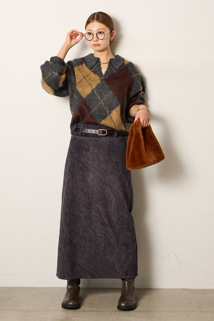 [SET]アクリルモヘアアーガイルキーネックプルオーバー+ロープベルト付きスウェード調スカート(2set)