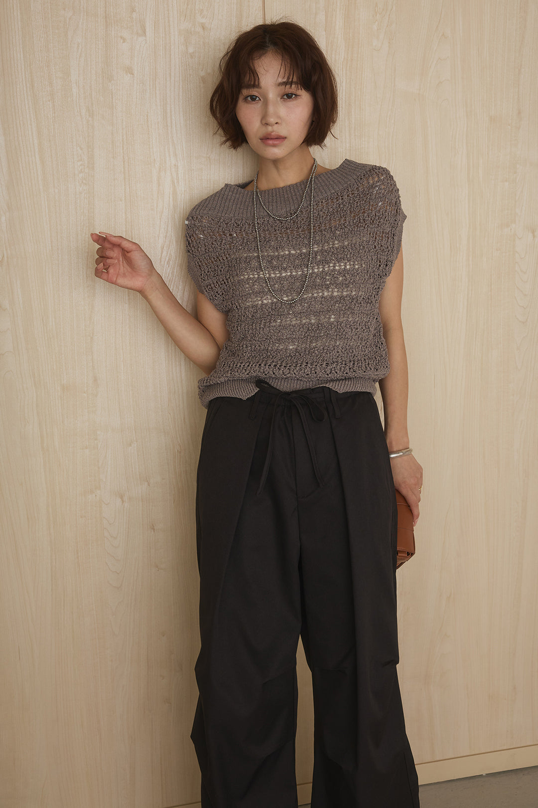 [SET]透かしレース編みフレンチニット+ニーサイドタックウエストドロストパンツ(2set)